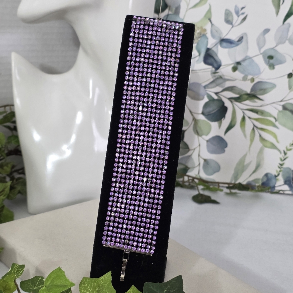 Gunmetal Wide Mesh Purple Rhinestone Bling Bracelet